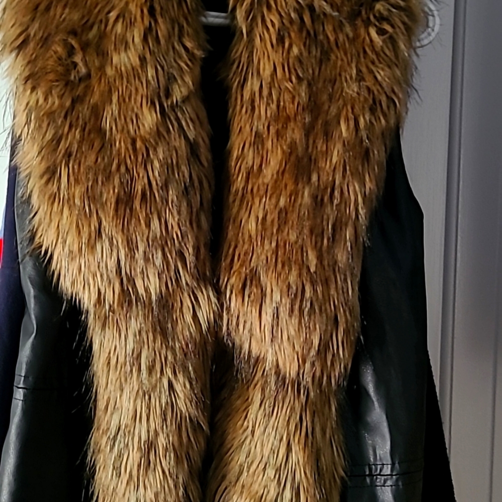 Black faux leather faux fur tie back open front vest